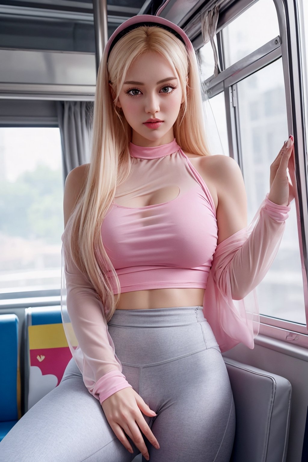 slim girl in the bus, wearing  yoga  pants  and top, gwen, bratz, cartoon girl,  cameltoe, big point bust, beautiful face, cowboy costum pink, interior ligth, random view, transparent clothes  poses lustful, 3/4 view,