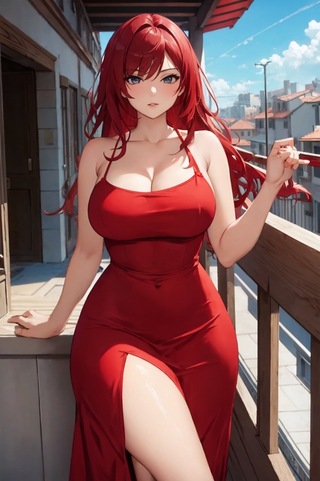 Yor Forger,red dress,thick clothes,sexy, waifu,posing on a balcon,posing on a balcon