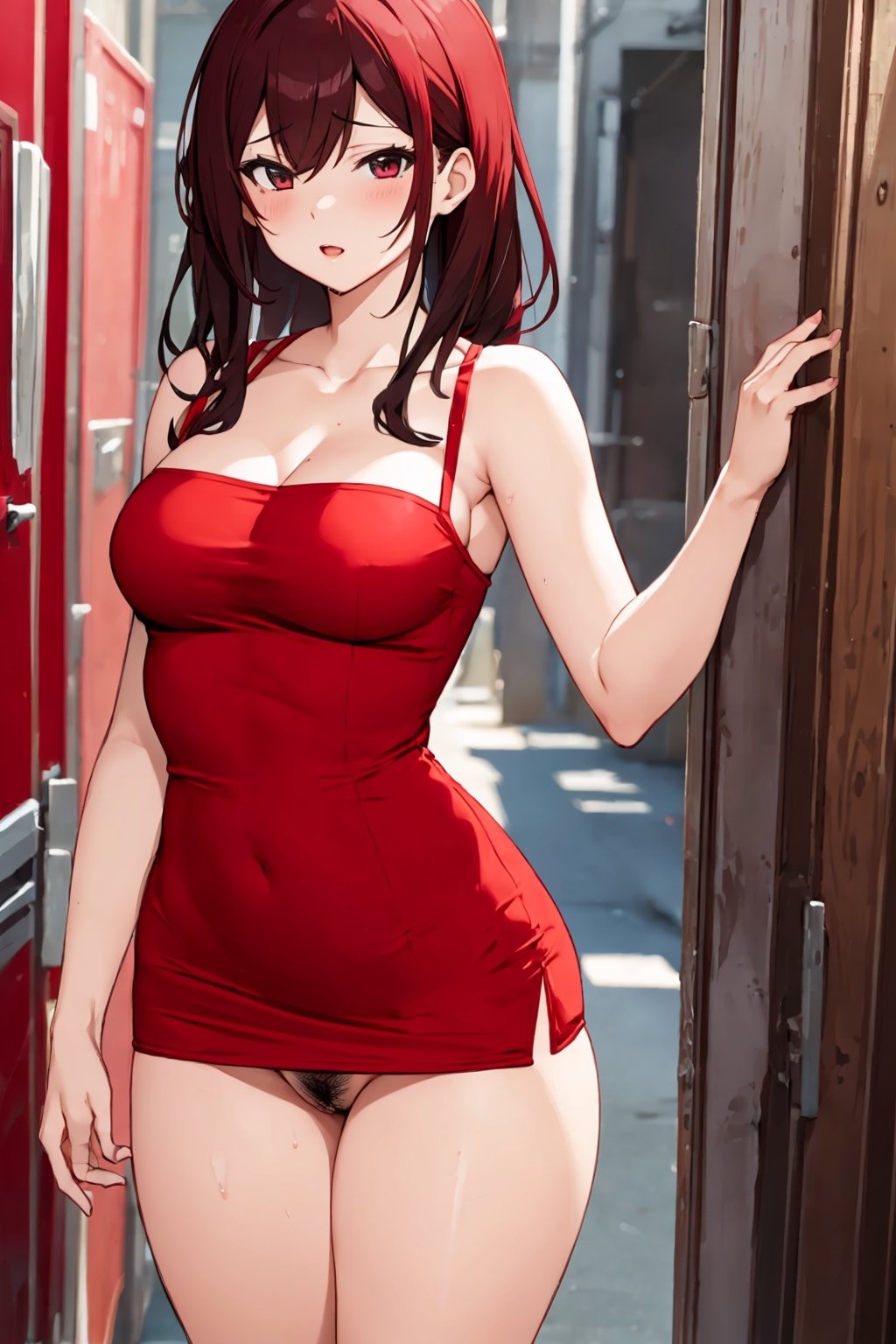 red dress,thick clothes,(sexy:1.3), waifu,1 girl,georgeous shape,(random poses:1.2),pantsu,pubic hair