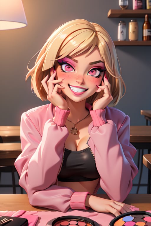 masterpiece, best quality, 1girl, gyaru, blonde hair, fur-trimmed jacket, bob cut, nose blush, beer mug, smug, seductive smile, (drunk:1.3), grin, (makeup, eyeshadow:1.2), pink eyes, large breasts, pov across table, one breast out, blush, looking at viewer, indoors, (food), head rest, black crop top, pink jacket  
