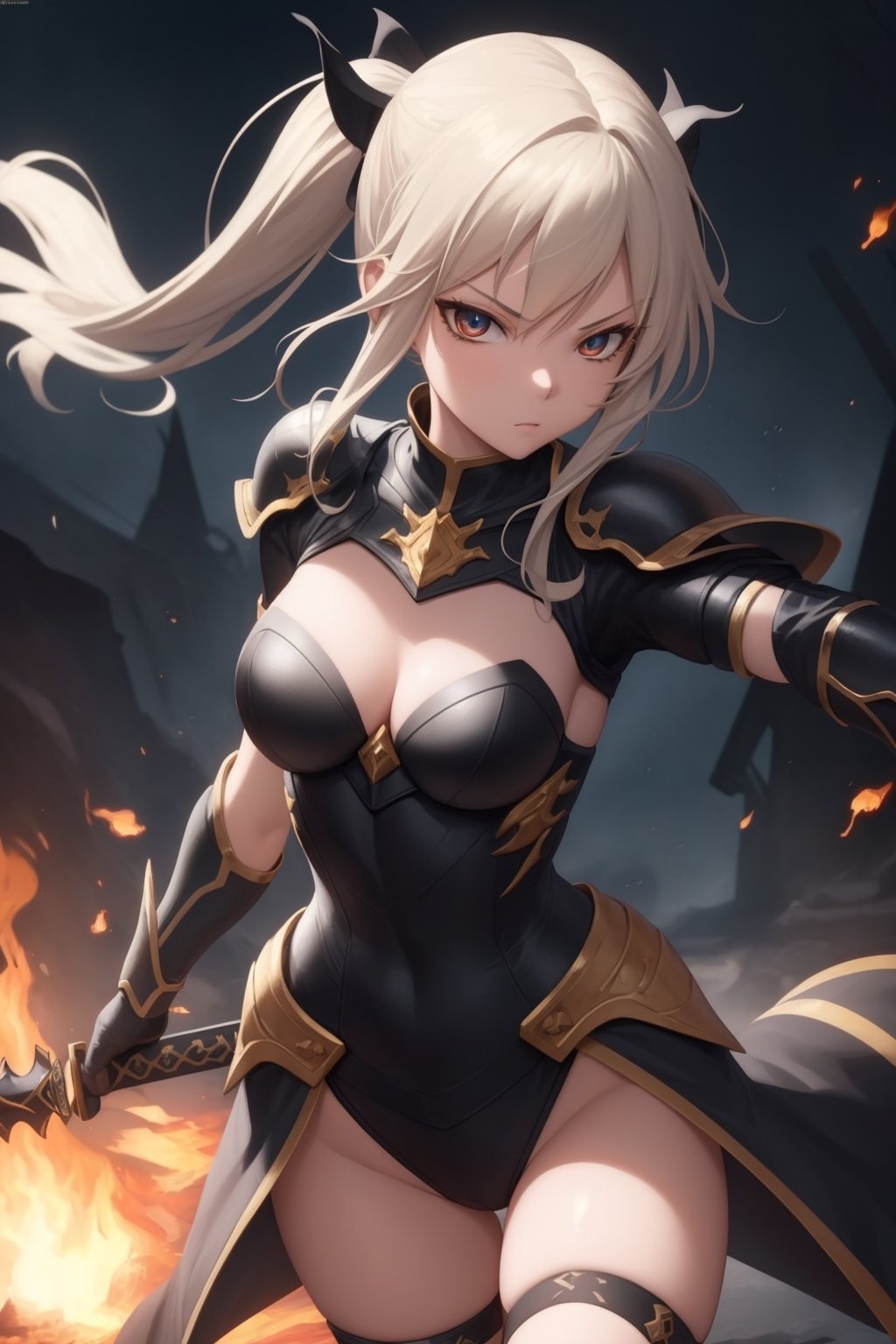 High quality, masterpiece, cozy, maximum details,
tsurime eyes, 
(Burning:1.2) girl knight is running, dynamic pose, looking at viewer, black armor, holding sword, casting spell

night, sky