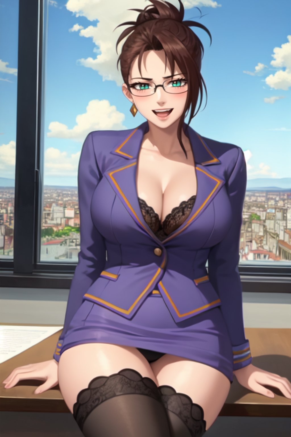 (high quality:1.1), cinematic lighting, extremely detailed, sharp image,
Izumiremi, mature female, teacher, 1girl, solo, sitting on table, window, cowboy shot,looking at viewer, seductive smile, blush, open mouth,brown hair, short hair, hair up, single hair intake, green eyes, makeup, glasses, jewelry, earrings,skirt suit, (black thighhighs:1.1), lingerie, large breasts, cleavage, thighs, long legs, pantiesintricate complex room background, day, sunlight, cityscape, 