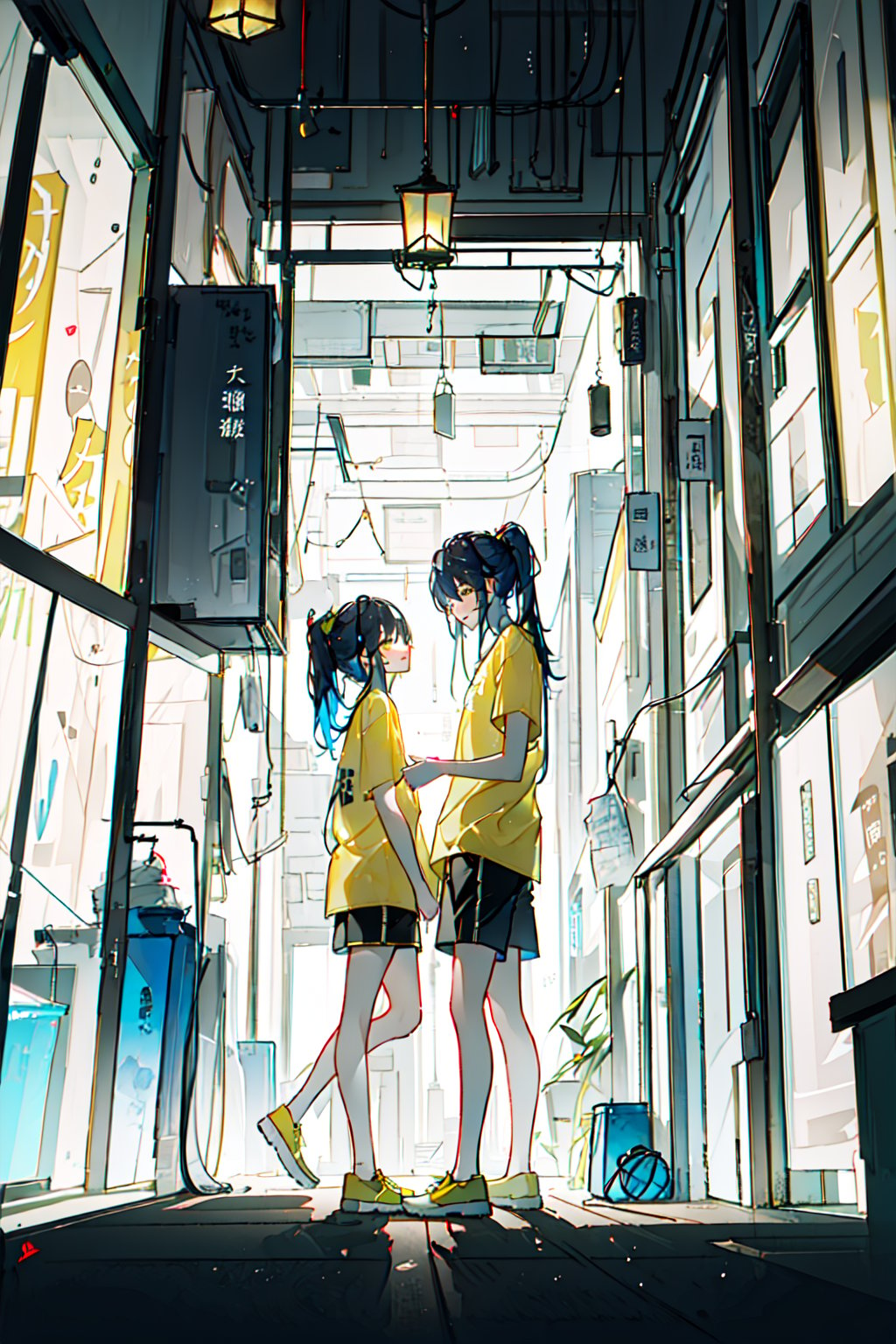 (masterpiece:1.4), (best qualit:1.4), (high resolution:1.4), ogino chihiro, ponytail, long arm shirt, shorts, yellow shoes, indoors, east asian architecture, smile, ;D ,colorful, high contrast, cinematic light, glass in background 
