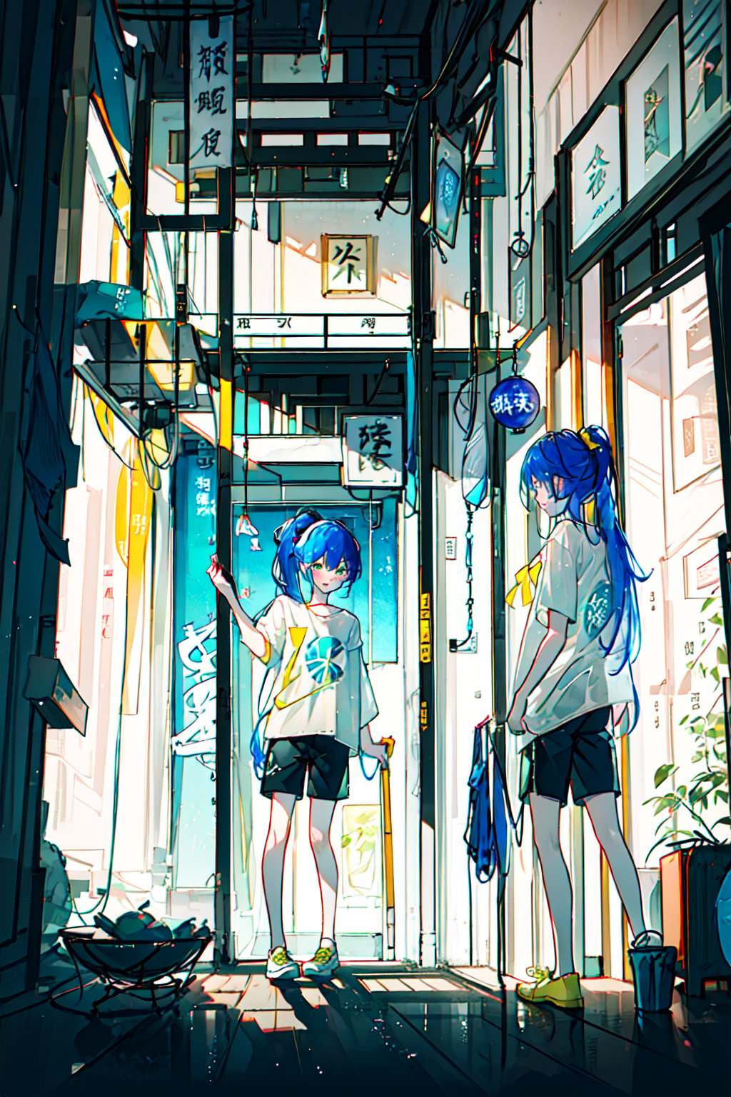 (masterpiece:1.4), (best qualit:1.4), (high resolution:1.4), ogino chihiro, ponytail, long arm shirt, shorts, yellow shoes, indoors, east asian architecture, smile, ;D ,colorful, high contrast, cinematic light, glass in background 
