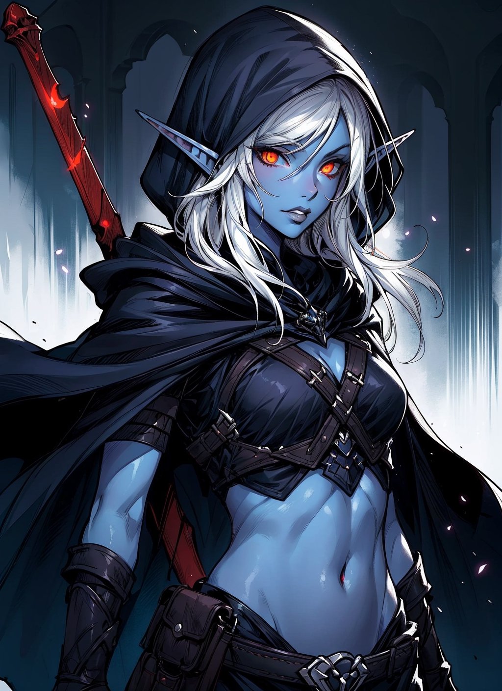 drow, female, pointy ears, solo, elf, navel, hood, colored skin, midriff, looking at viewer, long hair, cloak, dark elf, breasts, white hair, hood up, cape, medium breasts, hooded cloak, belt, pouch, red eyes, grey skin, orange eyes, upper body, weapon, glowing eyes, lips, ((masterpiece, best quality)), art by greg rutkowski, trending on artstation ,dark elf