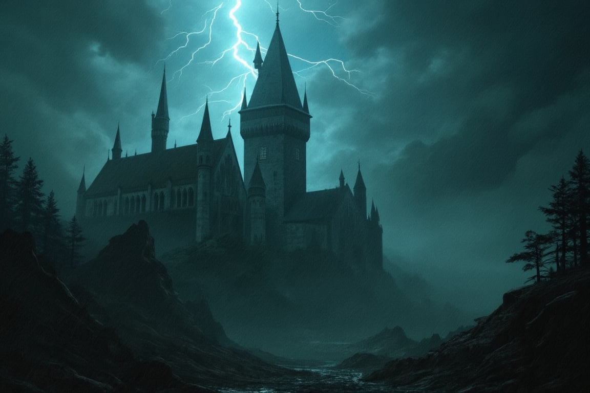 In this haunting image, a gothic  abbey stands tall amidst a tumultuous storm. Lightning forks across the brooding sky, casting a supernatural glow over the ancient stone structure. The  abbey, evocative of tales of old, is both imposing and mysterious, its spires reaching towards the heavens as if in silent challenge to the roiling clouds above. The raw power of nature juxtaposes with the permanence of the castle, creating a scene that is as captivating as it is foreboding., jntevl