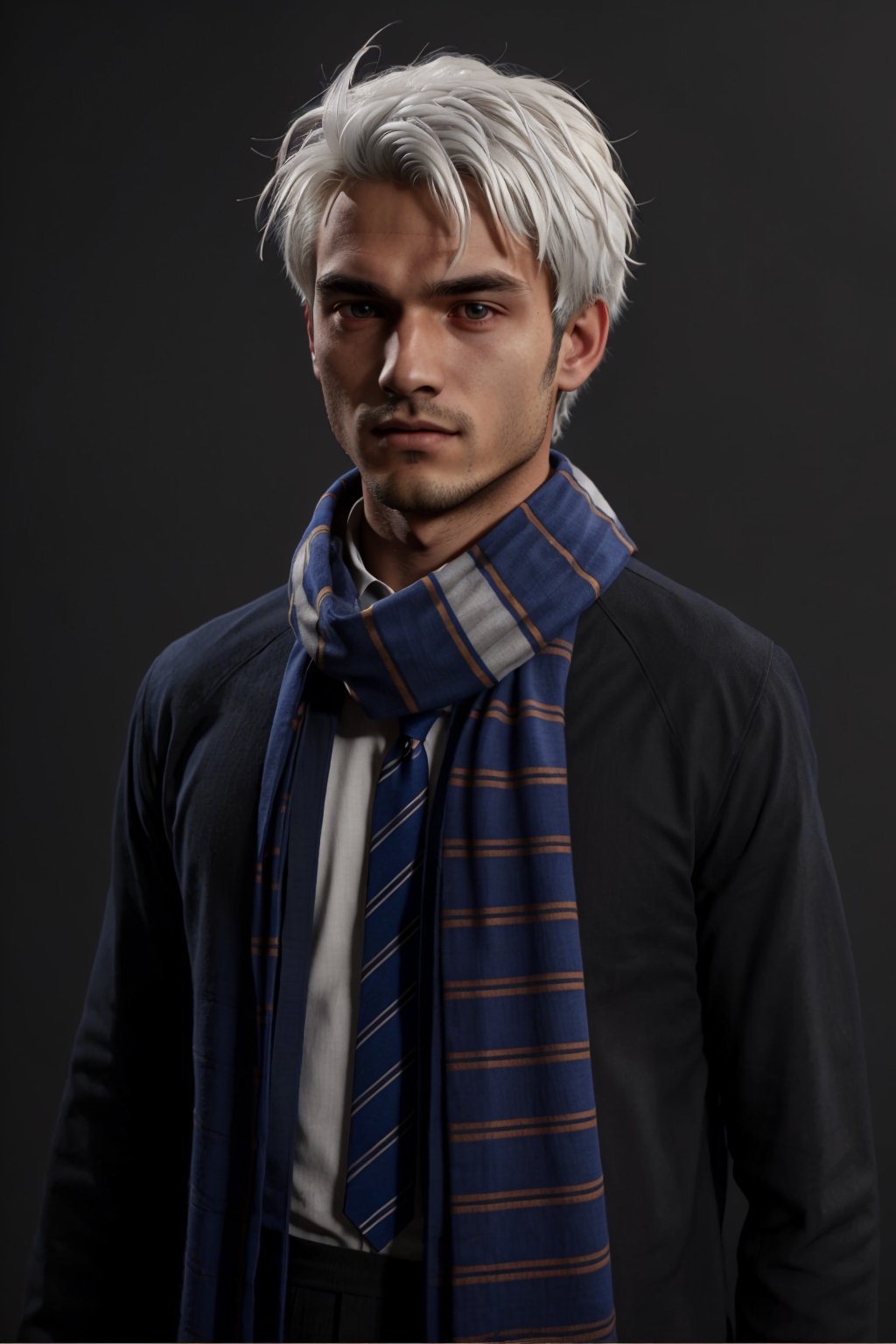 yound, 1boy, (boy:1.3), 16 years old, (spiky white hair:1.2) , solo focus, portrait, simple background, standing, 
(ravenclaw:1.3), hogrobe, black robe, hogscarf, hogsweater, skirt,
(masterpiece, best quality, extremely detailed, highly detailed face, beautiful detailed eyes)