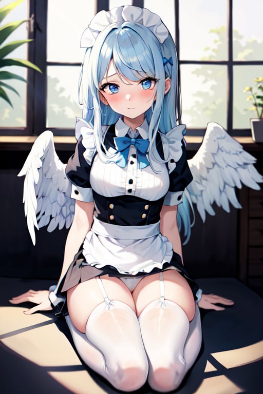 full body, filo, 1girl, solo, embarrassed, closed mouth, white wings,maid, blue bow, long hair, blue eyes, looking at viewer, parted bangs, 
light blue hair, filo,mini skirt, white panties, white stocking, sit
