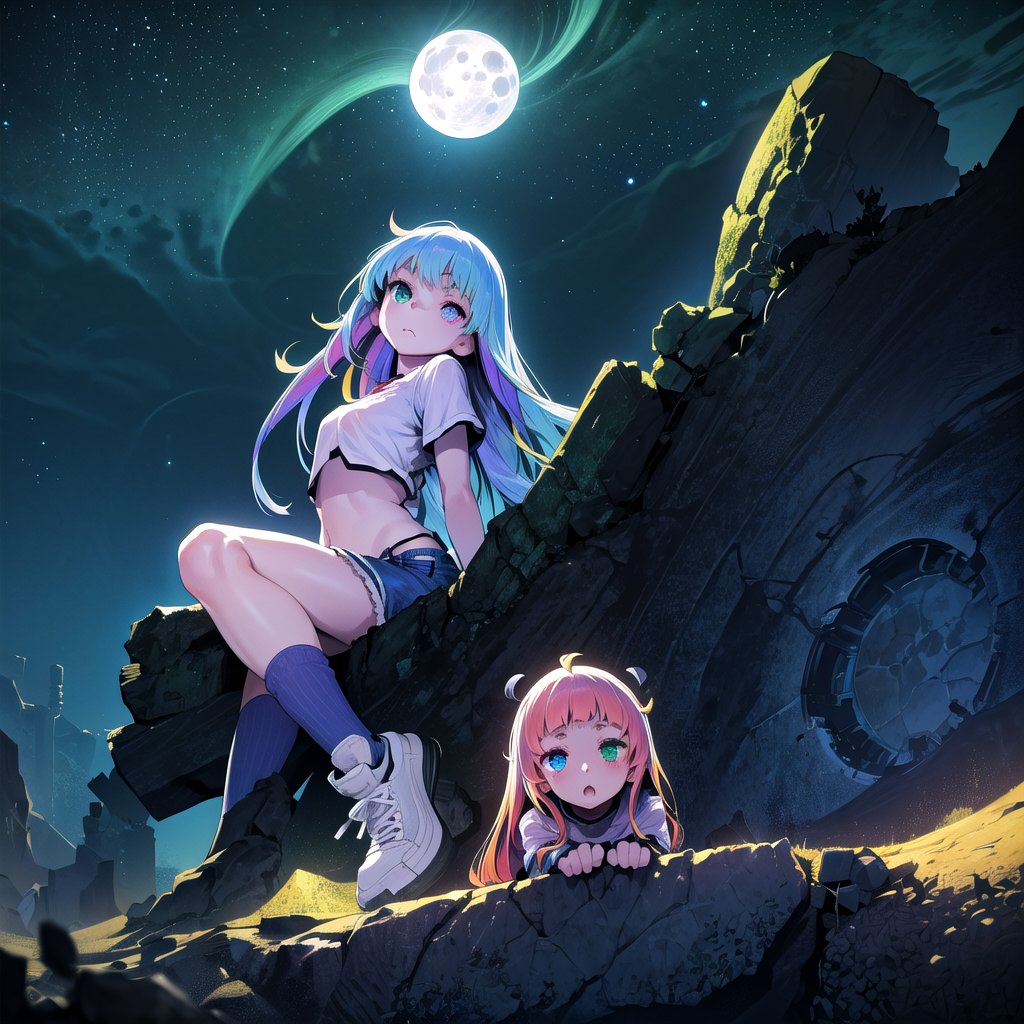 best quality,(1girl, solo,fullbody), (multicolored hair,red hair,blue hair,purple hair in the middle), 
(heterochromia, green eyes, blue eyes),(sports shorts,long white socks,sneakers)
(in a desert,dense fog,night,ruins,green sky,planets in the sky, starry sky, black moon),
(1monster,scary monster behind the girl)

no_humans,scenery