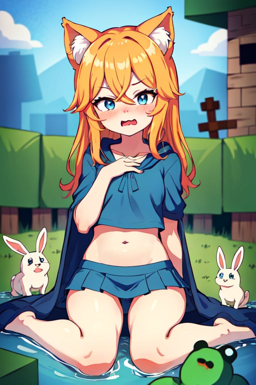 upper body, filo, 1girl, solo, embarrassed, open mouth,(Blue t-shirt,mini skirt, blue bow, blue cloak), (long hair, blue eyes, looking at viewer, parted bangs, filo, touching the chest,light orange hair, filo, sit,open legs),( frog,rabbit, birds, dogs,), 
 (forest, riverside, river,houseside, house)
,Neco Arc,Neco Pose,1GIRL, FULL BODY, :3, CAT EARS, CHIBI, C,cupa_minecraft,cls_chibi