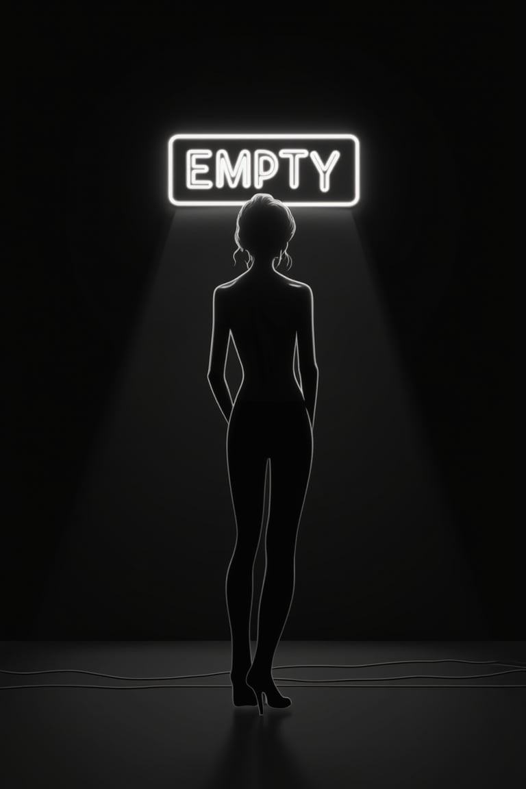 Illustration of 
A sensual woman standing alone in a dark empty area, staring at a neon sign that says "EMPTY"



,monochrome
,minimalist_line_style