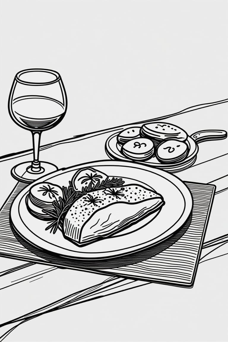 Illustration of 

A magazine quality shot of a delicious salmon steak, with rosemary and tomatoes, and a cozy atmosphere


,monochrome
,minimalist_line_style