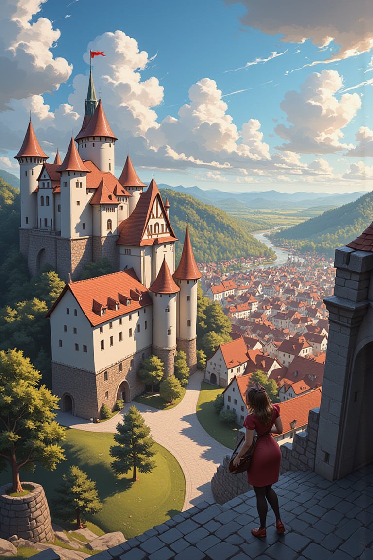 dynamic pose,  
Illustration of 
Wide angle shot of Český Krumlov Castle with the castle in the foreground and the town sprawling out in the background, highly detailed, natural lighting


. layered complexity, intricate imagery,
,comix_style,