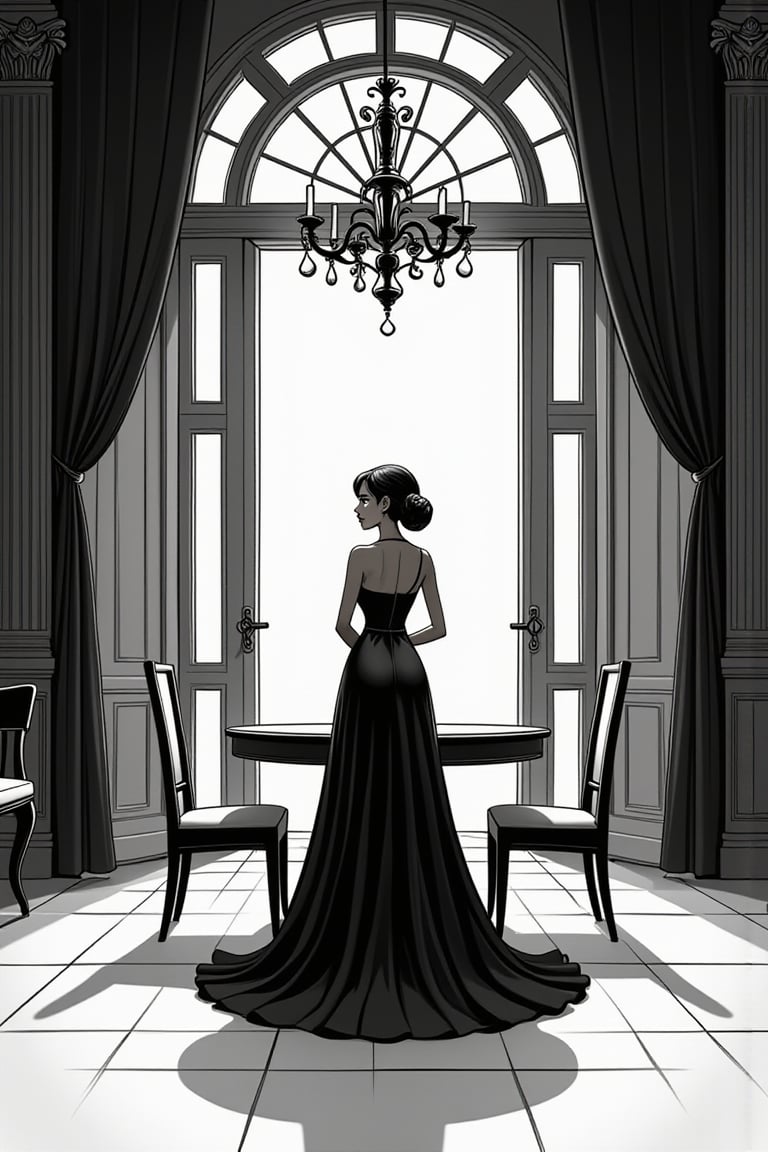 dynamic pose,  
Illustration of 
A dining room with large French doors and elegant, dark wood furniture, decorated in a sophisticated black and white color scheme, evoking a classic Art Deco style

 

. layered complexity, intricate imagery,
,comix_style,