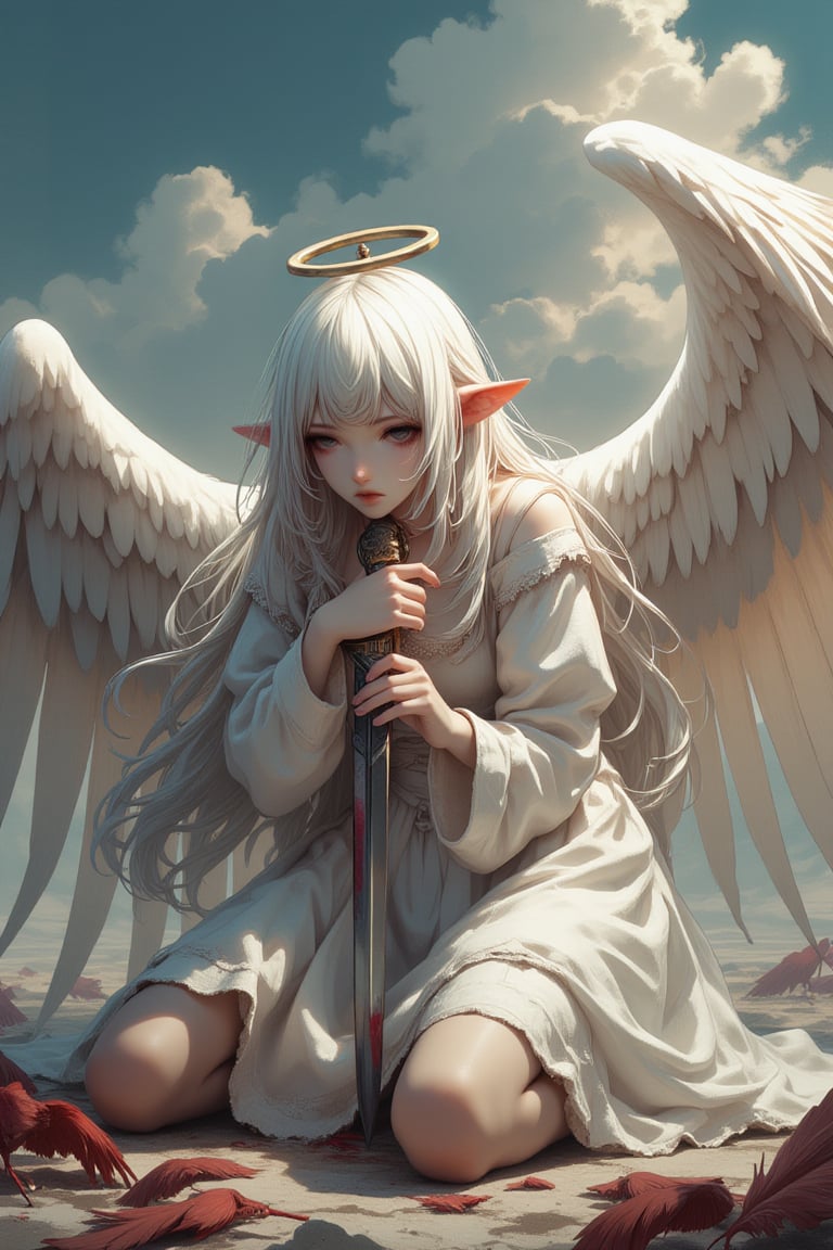 "cinematic, 8k uhd, dslr, In a serene, cloud-softened backdrop, a lone figure with resplendent white hair and majestic angel wings kneels amidst a scattering of crimson feathers. Her hand firmly grasps the hilt of a gleaming sword, its blade smothered in dark bloodstains. As she lifts her gaze heavenward, her expression is torn between unwavering determination and deep anguish. 
 


Style: dark fantasy art, movie still, cinematic, DARK, DARK ELF, DARK ART, low quality 1980 movie screengrab, lowres, cinematic, film grain, blurry, emoart, comix_style
