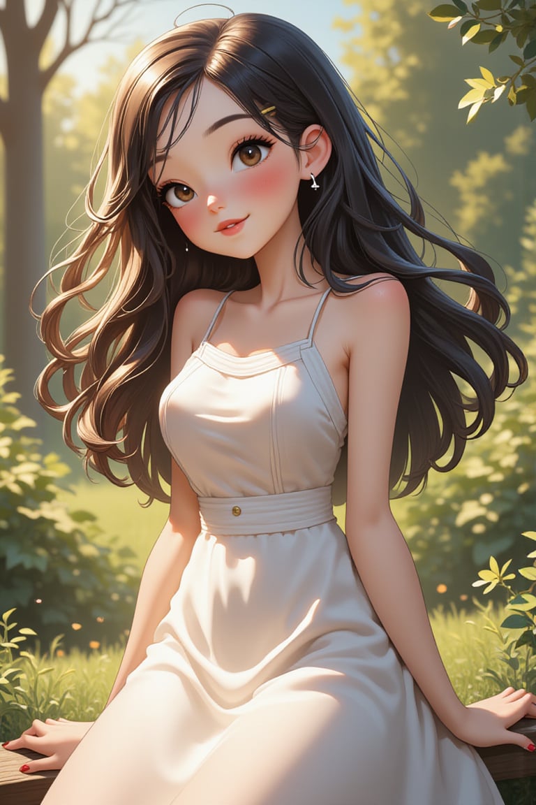 dynamic pose,  
Illustration of 
a closeup shot of a beautiful teenage girl in a white dress wearing small silver earrings in the garden, under the soft morning light

. layered complexity, intricate imagery,
,comix_style,