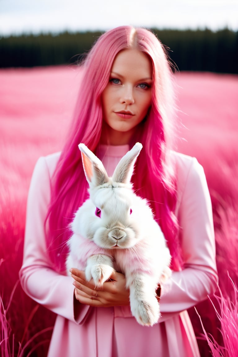 (pink monochromatic image, beautiful young Scandinavian woman with pink bunny, long pink hair, shot outside, pink grass, hasselblad 1600f )