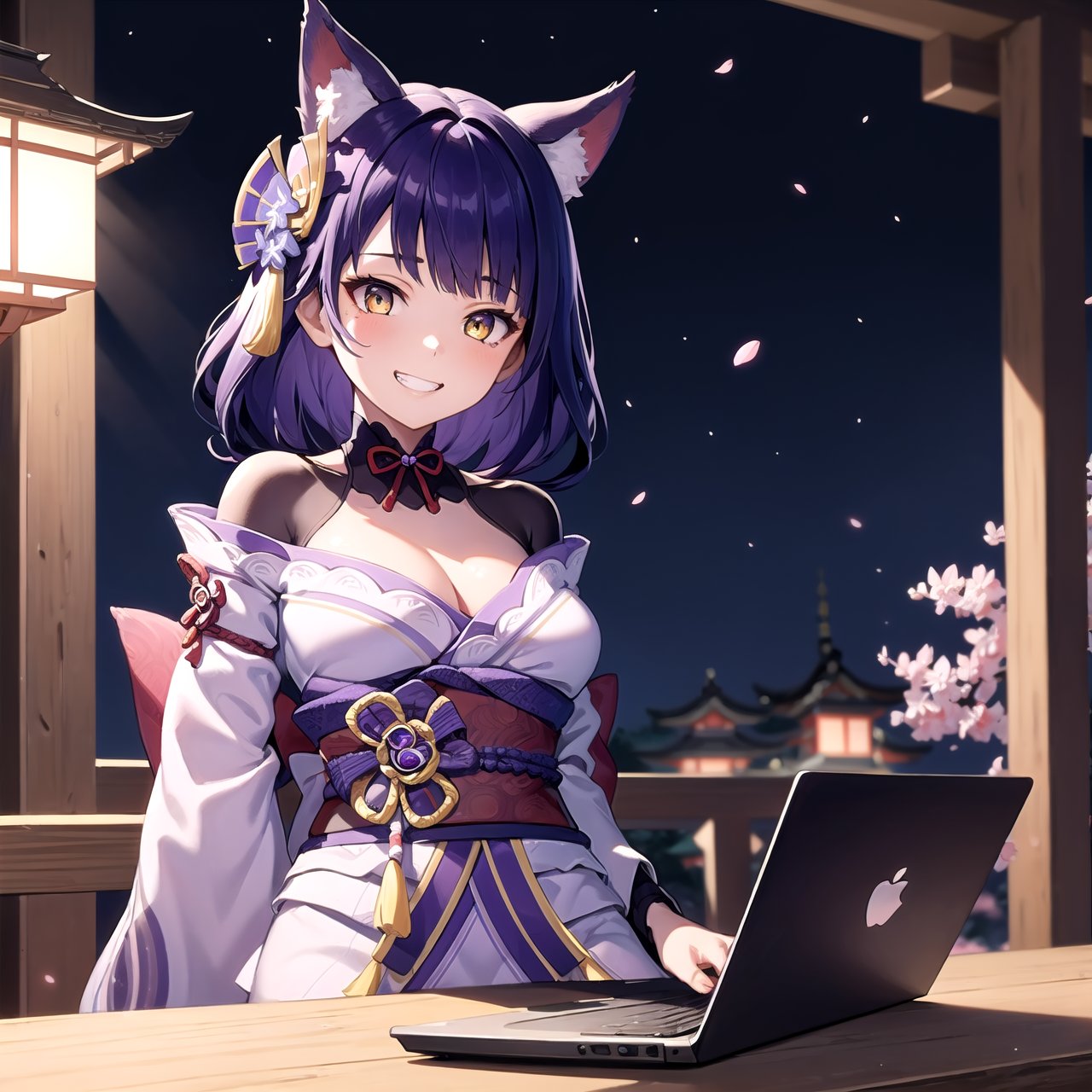 masterpiece, best quality, 1 girl, grin, yellow eyes, medium hair, ladder, cherry blossoms, temple, fox girl, detached sleeves, animal ears, happy, arms behind back, anime, yunyun, yunyun1, raidenshogundef , raidenshogunrnd, driving a laptop, at night, good lamp lighting