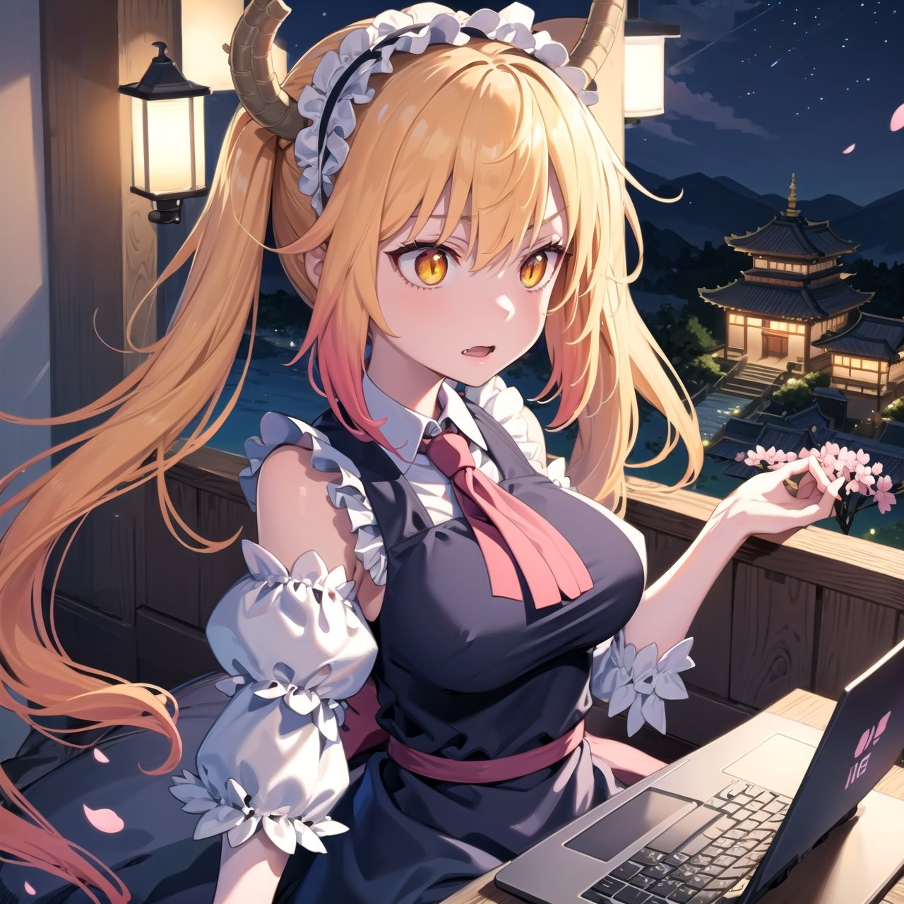 masterpiece, best quality, 1girl, anger_vein, yellow eyes, medium hair, ladder, cherry blossoms, temple, dragon girl, detached sleeves, anime, driving a laptop, at night, good lamp lighting