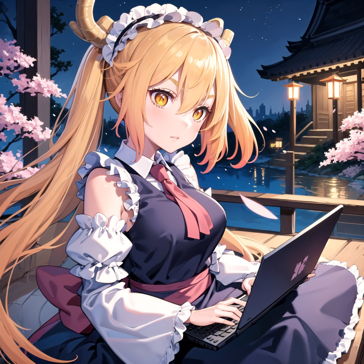 masterpiece, best quality, 1girl, v-shaped_eyebrows, yellow eyes, medium hair, ladder, cherry blossoms, temple, dragon girl, detached sleeves, anime, driving a laptop, at night, good lamp lighting