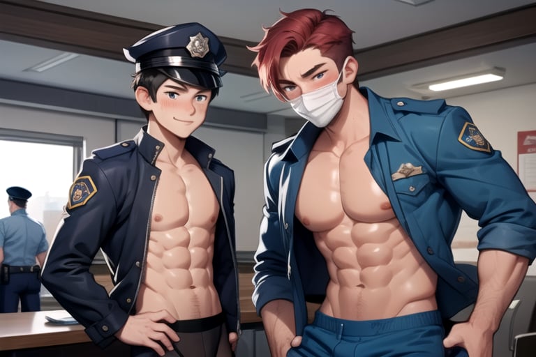 (2boys, shirtless, bulge:1.2)bare-chested thief flirting with a policeman,
blushing police
thief smiles mischievously, showing his abs to the policeman.
the policeman covers his face