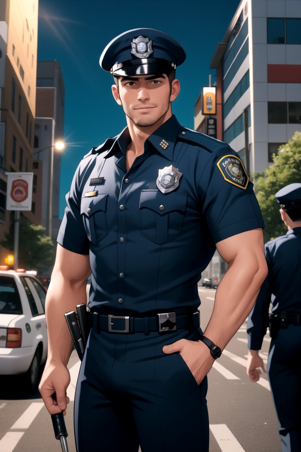 (shirtless, bulge;1.9)In a bustling city, picture a team of handsome and confident police officers, dedicated to serving and protecting the community.

The officers wear their crisp uniforms with pride, showcasing their commitment to maintaining law and order. Their shirts are neatly pressed, displaying their badges of honor, and their utility belts hold essential tools of their trade.

Their faces exude a sense of authority and determination, while their friendly smiles convey approachability and a genuine desire to help others.

With a strong sense of camaraderie, they work together seamlessly, coordinating their efforts to keep the streets safe.

As they patrol the city, they interact with residents and business owners, fostering a sense of trust and building positive relationships with the community they serve.

Their presence brings reassurance to the public, knowing that these handsome and capable officers are looking out for their well-being.

In this AI-generated image, the police officers embody a combination of professionalism, dedication, and good looks, making them an ideal team to uphold the peace and safety of the city they serve.