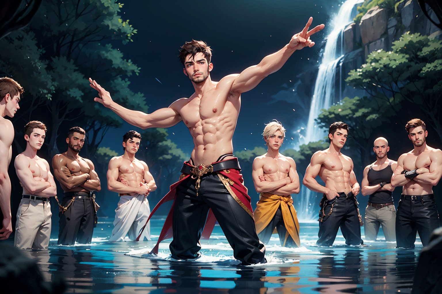 (shirtless,dynamic pose,   6+boys, :1.8) bulge, Generate an enthralling and ultra-detailed image of a handsome, virile, and muscular male character dressed as a mage, surrounded by other equally striking and beautiful men, using AI. Picture our mage, with his sculpted physique and mesmerizing gaze, clad in mage robes that accentuate his masculine features and accentuated by magical symbols, showcasing his mastery of the arcane arts.

As he stands with an air of confidence and allure, he is encircled by other breathtaking men, each with their unique charm and magnetism. The scene becomes a display of enchanting masculinity, where every man exudes power, strength, and charisma.

The setting remains a magical realm, but now, it is populated by a brotherhood of captivating male beings. Each man embodies his individual essence, complementing the mage's captivating presence.

In this fantastical realm, their interactions are filled with camaraderie, mutual admiration, and a shared sense of wonder and enchantment. Their bond is strong, reflecting a shared journey of self-discovery and magical prowess.

The background, an ethereal landscape, comes alive with vibrant colors and celestial beauty, enhancing the allure of this magical brotherhood. Nature itself seems to celebrate their presence, with trees swaying gently to the rhythm of their magic, and waterfalls cascading with a symphony of wonder.

The atmosphere exudes harmony, as this group of stunning men embraces the magical realm, united by their enchanting beauty and powerful presence.

In this AI-generated masterpiece, every detail is meticulously crafted, from the captivating expressions on each man's face to the intricate design of their mage robes. The image transports viewers to a realm where beauty and magic intertwine in a breathtaking celebration of masculinity and enchantment