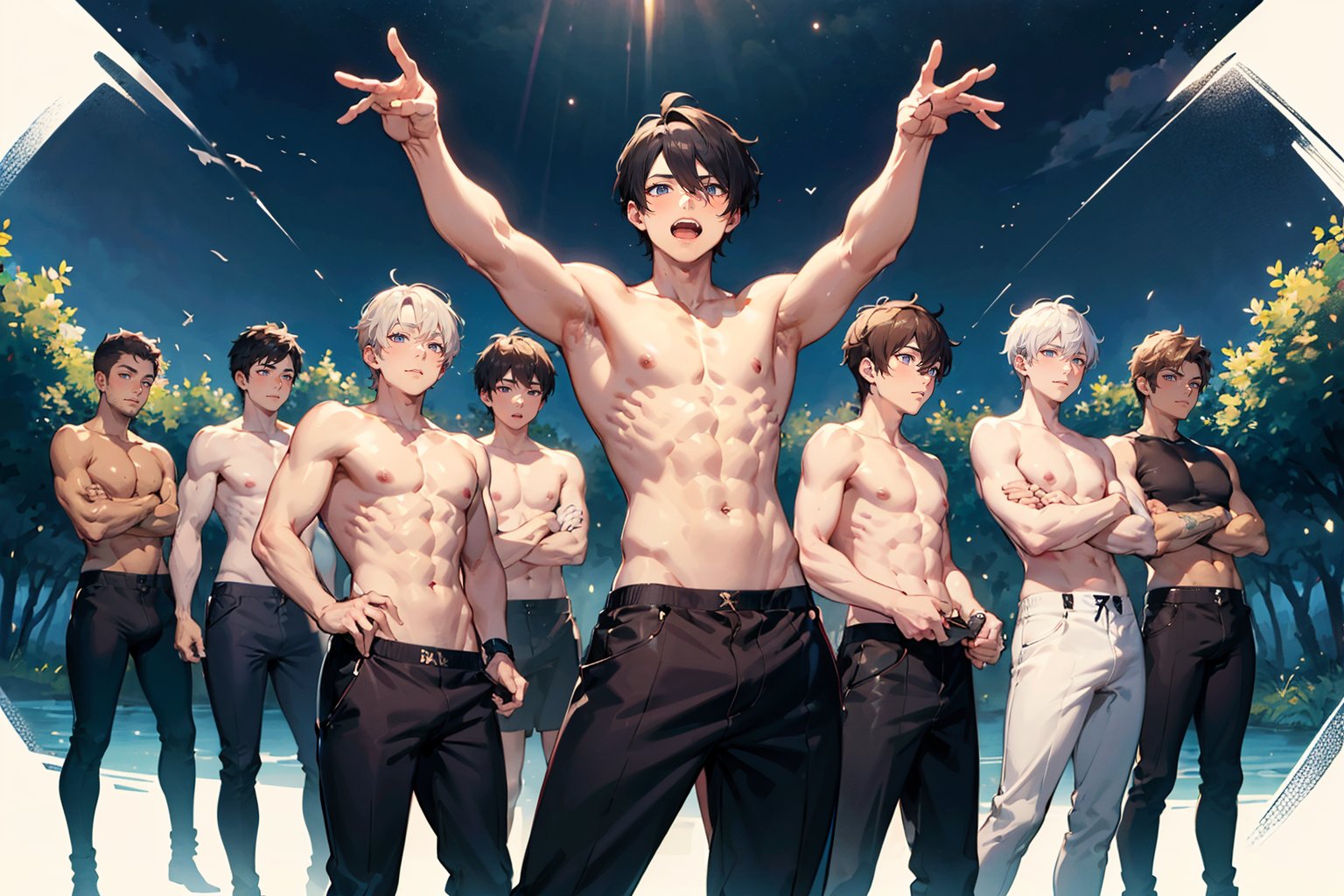 (shirtless, bulge,dynamic pose,   6+boys, :1.8) Generate an enthralling and ultra-detailed image of a handsome, virile, and muscular male character dressed as a mage, surrounded by other equally striking and beautiful men, using AI. Picture our mage, with his sculpted physique and mesmerizing gaze, clad in mage robes that accentuate his masculine features and accentuated by magical symbols, showcasing his mastery of the arcane arts.

As he stands with an air of confidence and allure, he is encircled by other breathtaking men, each with their unique charm and magnetism. The scene becomes a display of enchanting masculinity, where every man exudes power, strength, and charisma.

The setting remains a magical realm, but now, it is populated by a brotherhood of captivating male beings. Each man embodies his individual essence, complementing the mage's captivating presence.

In this fantastical realm, their interactions are filled with camaraderie, mutual admiration, and a shared sense of wonder and enchantment. Their bond is strong, reflecting a shared journey of self-discovery and magical prowess.

The background, an ethereal landscape, comes alive with vibrant colors and celestial beauty, enhancing the allure of this magical brotherhood. Nature itself seems to celebrate their presence, with trees swaying gently to the rhythm of their magic, and waterfalls cascading with a symphony of wonder.

The atmosphere exudes harmony, as this group of stunning men embraces the magical realm, united by their enchanting beauty and powerful presence.

In this AI-generated masterpiece, every detail is meticulously crafted, from the captivating expressions on each man's face to the intricate design of their mage robes. The image transports viewers to a realm where beauty and magic intertwine in a breathtaking celebration of masculinity and enchantment