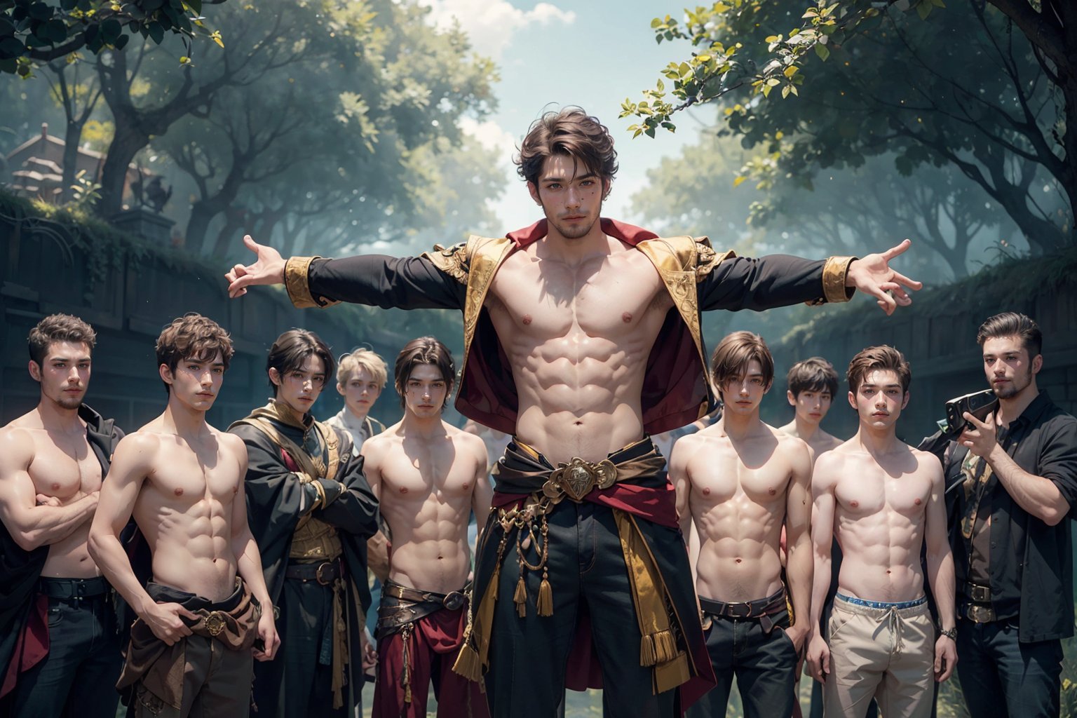 (shirtless,dynamic pose,   6+boys, :1.8) bulge, Generate an enthralling and ultra-detailed image of a handsome, virile, and muscular male character dressed as a mage, surrounded by other equally striking and beautiful men, using AI. Picture our mage, with his sculpted physique and mesmerizing gaze, clad in mage robes that accentuate his masculine features and accentuated by magical symbols, showcasing his mastery of the arcane arts.

As he stands with an air of confidence and allure, he is encircled by other breathtaking men, each with their unique charm and magnetism. The scene becomes a display of enchanting masculinity, where every man exudes power, strength, and charisma.

The setting remains a magical realm, but now, it is populated by a brotherhood of captivating male beings. Each man embodies his individual essence, complementing the mage's captivating presence.

In this fantastical realm, their interactions are filled with camaraderie, mutual admiration, and a shared sense of wonder and enchantment. Their bond is strong, reflecting a shared journey of self-discovery and magical prowess.

The background, an ethereal landscape, comes alive with vibrant colors and celestial beauty, enhancing the allure of this magical brotherhood. Nature itself seems to celebrate their presence, with trees swaying gently to the rhythm of their magic, and waterfalls cascading with a symphony of wonder.

The atmosphere exudes harmony, as this group of stunning men embraces the magical realm, united by their enchanting beauty and powerful presence.

In this AI-generated masterpiece, every detail is meticulously crafted, from the captivating expressions on each man's face to the intricate design of their mage robes. The image transports viewers to a realm where beauty and magic intertwine in a breathtaking celebration of masculinity and enchantment