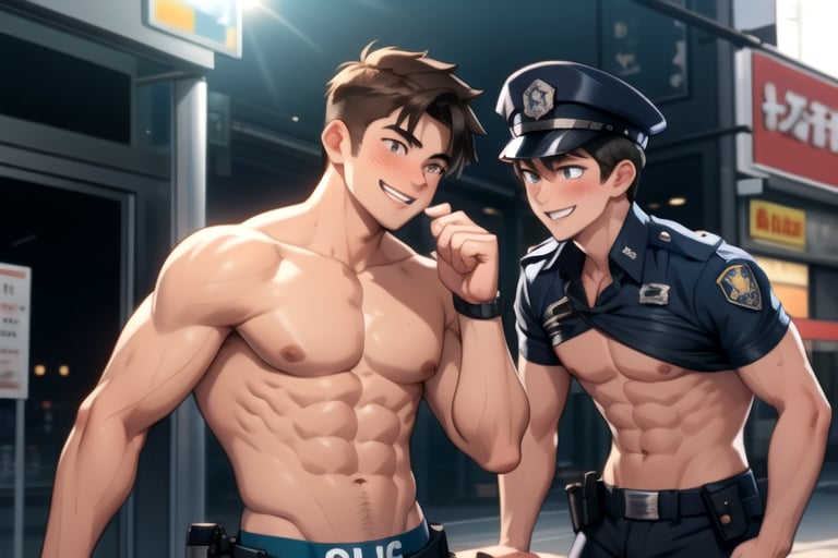 (2boys, shirtless, bulge:1.2)bare-chested thief flirting with a policeman,
blushing police
thief smiles mischievously, showing his abs to the policeman.
the policeman covers his face