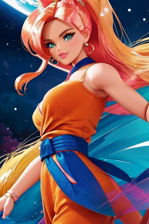  barbie con ropa de goku,hermosa cara, ojos perfectos, super saiyan , {{{masterpiece}}}, {{{best quality}}}, {{{ultra-detailed}}}, {cinematic lighting}, {illustration}, 1girl, orange clothes, blue pants,  big ass, watch waist, big breasts, {{{whole body}}}