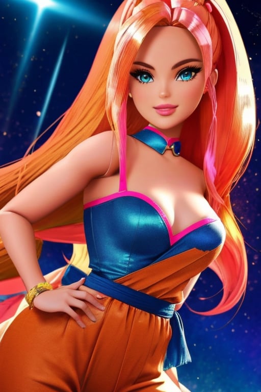  barbie con ropa de goku,hermosa cara, ojos perfectos, super saiyan , {{{masterpiece}}}, {{{best quality}}}, {{{ultra-detailed}}}, {cinematic lighting}, {illustration}, 1girl, orange clothes, blue pants,  big ass, watch waist, big breasts, {{{whole body}}}