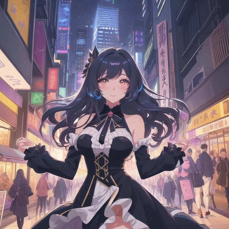 (Highest quality image: 0.8), (Highest quality image: 0.8), a perfect anime illustration, an extreme close-up portrait of a beautiful woman walking through the city (Umamusume). The anime style captures every detail of her face, from her expressive large eyes to her wavy and colorful hair. The woman is dressed in a modern and elegant outfit that reflects her confidence and personality. As she walks, the city lights reflect in her determined gaze. The background showcases illuminated skyscrapers and bustling streets, creating a vibrant urban atmosphere. Every stroke of the illustration is meticulous and full of life, capturing the essence of the scene with exceptional quality. This anime illustration transports you to the world of Umamusume, making you feel the energy and excitement of the city while falling in love with the beauty of this woman
