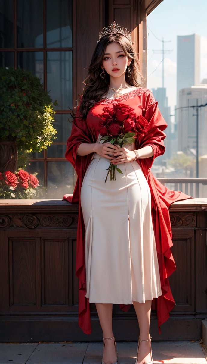 solo, full_body, 1girl, (((red rose))), queen, tiara, (((red rose garden decoration))), highly detailed, hyper realistic, with dramatic polarizing filter, vivid colors, sharp focus, HDR, UHD, 64K, 16mm, color graded portra 400 film, remarkable color, ultra realistic,1 girl, wearing office oufit, office_lady