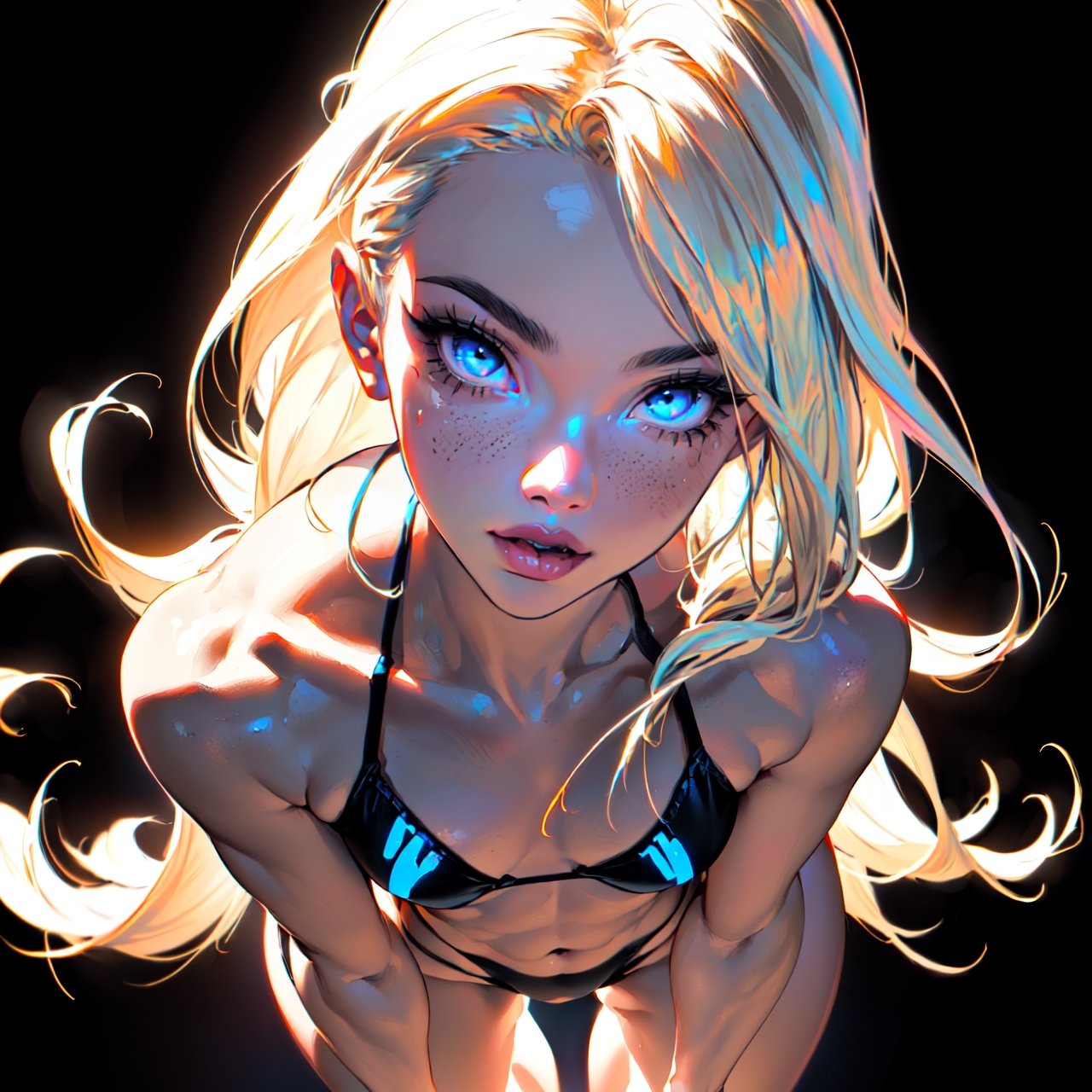 (24_year_old_female), gwen stacy, (long side swept:1.60), ((symmetrical_face)), (mature_female:1.25), (straight_hair:2), (blonde_hair:1.25), (long_hair:1.50), (thin_face:1.50), (light_blue_eyes:1.35), cute, (((pretty face))), thick eyelashes, long eyelashes, thick lips, glossy lips, (pink lips), (fitness_body:1.2), (small_breasts:1.2), (abs:1.3), (narrow_waist:1.50), (wide hips:1.3), (thick_thighs:1.3)), ((bikini)), ((high-waisted_thong)), ((two_color_bikini)), ((red and black bikini)), ((bioluminescence, bioluminescent, bioluminiscence)), ((knees-high_portrait)), ((1girl, solo_female)), standing, (black_background:1.65), (simple_background:1.65),