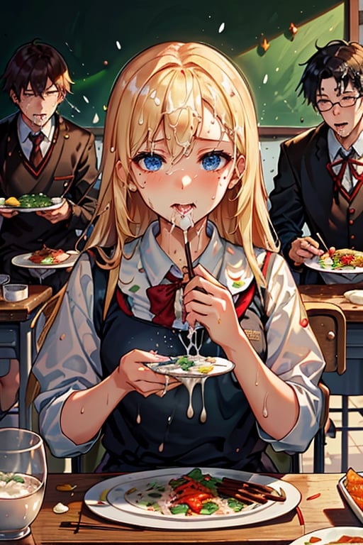 (master piece:1.2), (perfect anatomy:1.1), 1girl, 3boys, (the girl is, upper body view, including face in frame, (small breast:1.1), cute face,  school girl, wearing school uniform, eating with chopsticks, right hand has 2 chopsticks, holding 2 chopsticks by her right hand, holding small rice bowl by her left hand, left hand have rice bowl, (detailed face:1.2), (detailed hands), feeling nausea, tear-filled eyes, sitting on chair, eating lunch, cum eating, (cum string from mouth:1.2), (cum string between mouth and chopsticks:1.2), (cum string between mouth and food:1.1), )), ((boys are, standing beside the desk, facing to desk, wearing school uniform, (exposing penis:1.2), (ultra-detailed penis:1.2), grasping penis by hand, 1 hand holding penis, (shooting cum), (shooting exceeding cum:1.2), (cum splash to food), (cum string between penis and food) ), (the lunch  that the girl eating are, (lunch plate on the desk:1.2), ( consists of 1 glass of cum, 1 bowl of rice, 1 bowl of soup, and small plate with 2 side dishes, and all are on plastic rectangle tray:1.2), (glass filled with cum:1.2), (glass full of viscous bubbly liquid), (cum on grass), (grass covered with cum), (cum drip around grass), (cum drip from chopsticks:1.1), (white viscous source on food), (foods full of cum:1.2), (cum over dishes and plates:1.2), (dishes and places covered with cum:1.2), (dense cum on foods:1.2), (cum on foods:1.3)), (in classroom:1.2)