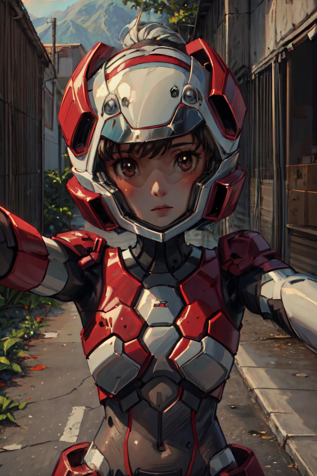 1girl, (masterpiece:1.3), (high resolution), (8K), (extremely detailed), (4k), (pixiv), perfect face, (best quality), (super detailed), (textured skin:1.3), , aico tachibana, helmet, bodysuit, mecha, pilot suit, outdoors, ruins, plants, (pov), (selfie:1.3)