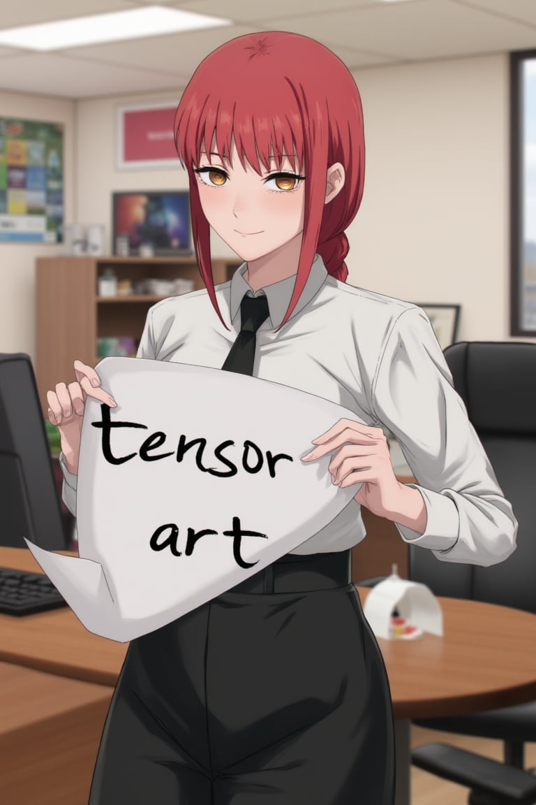 flux_makima, woman, collared shirt, white shirt, black necktie, black pants, red hair, single braid, in the office holding a sign with the text: "tensor art", smiling evilly , pixiv