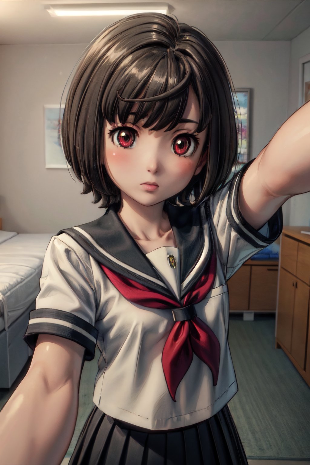 1girl, (masterpiece:1.3), (high resolution), (8K), (extremely detailed), (4k), (pixiv), perfect face, (best quality), (super detailed), (textured skin:1.3), , aico tachibana, black hair, short hair,red eyes, school uniform, serafuku, black skirt, pleated skirt, short sleeves, room, (pov), (selfie)