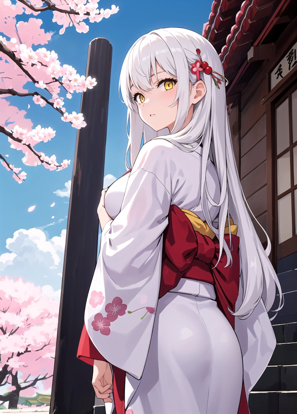 masterpiece, best quality, 1girl, yellow eyes, long hair, white hair, tree, stairs, standing, kimono, sky, cherry blossoms, temple, looking at viewer, upper body, from below, looking back,