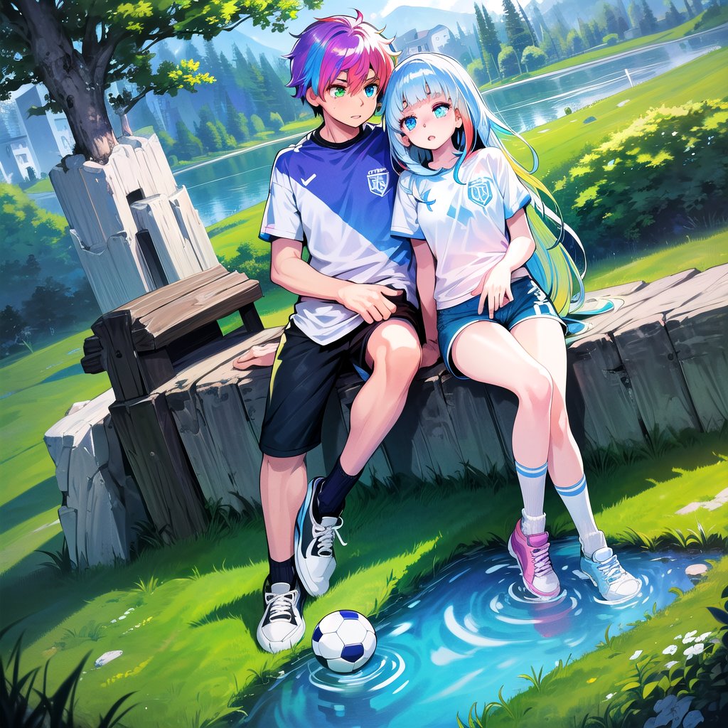 best quality,(1girl,1boy,fullbody), (multicolored hair,red hair,blue hair,purple hair in the middle), 
(heterochromia, green eyes, blue eyes),(sports shorts,long white socks,sneakers), 
(in a landscape,forest,
house overlooking the lake) (soccer ball)
,no_humans,scenery