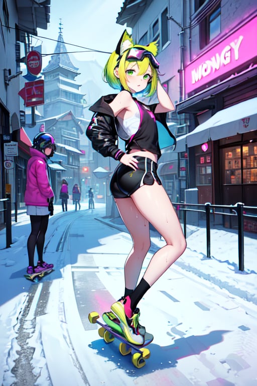 best quality,(1girl, solo),
(short hair,multicolored hair,(neon green hair),neon blonde hair),{show the butt) (dive shorts),
(blue cat headphones),
(flat chest), (taking a photo)
(transparent snow goggles,black socks, black short tights,skateboarding),
(happy),(wet)
(multicolored sneakers, pink sneakers),
((snow, street,montain,village))

