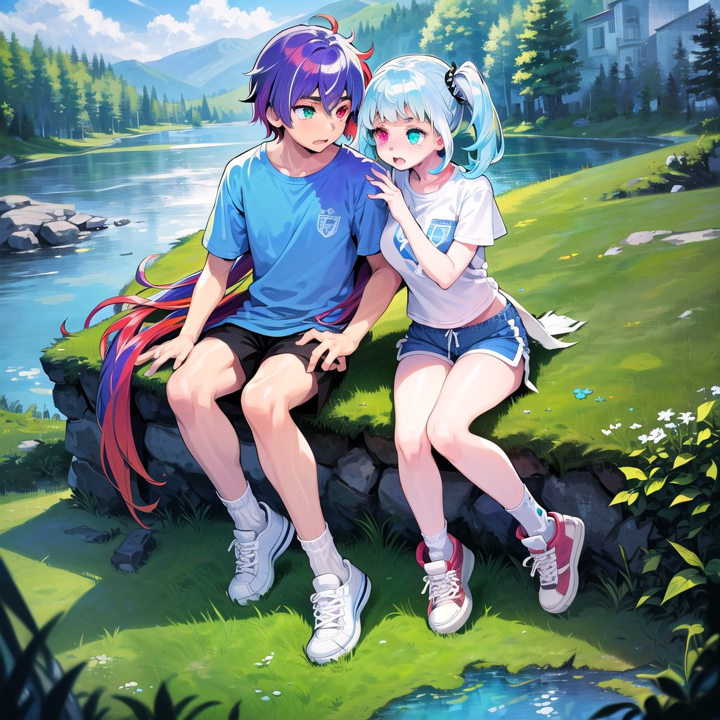 best quality,(1girl,1boy, solo,fullbody), (multicolored hair,red hair,blue hair,purple hair in the middle), 
(heterochromia, green eyes, blue eyes),(sports shorts,long white socks,sneakers), 
(in a landscape,forest,
house overlooking the lake)
,no_humans,scenery