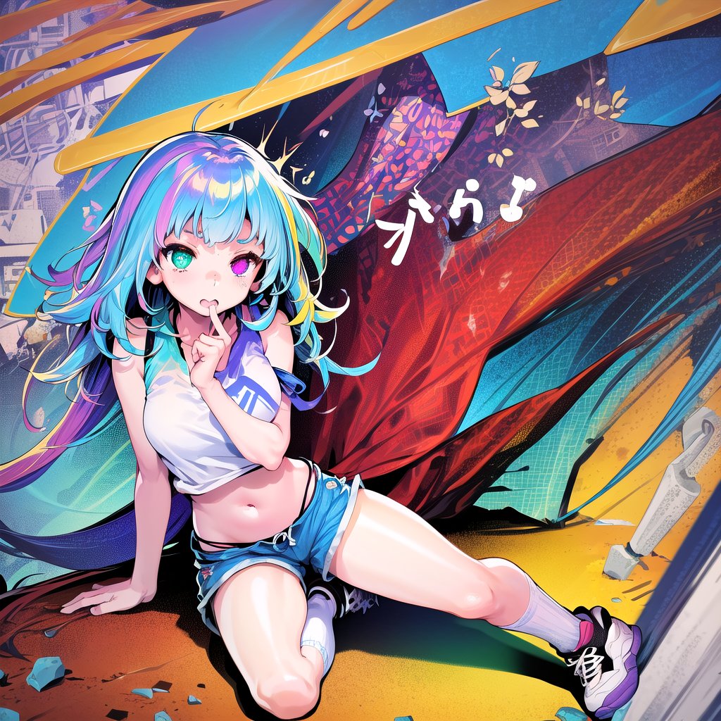 best quality,(1girl, solo,fullbody), (multicolored hair,red hair,blue hair,purple hair in the middle), 
(heterochromia, green eyes, blue eyes),(sports shorts,long white socks,sneakers), 
(in a desert)
