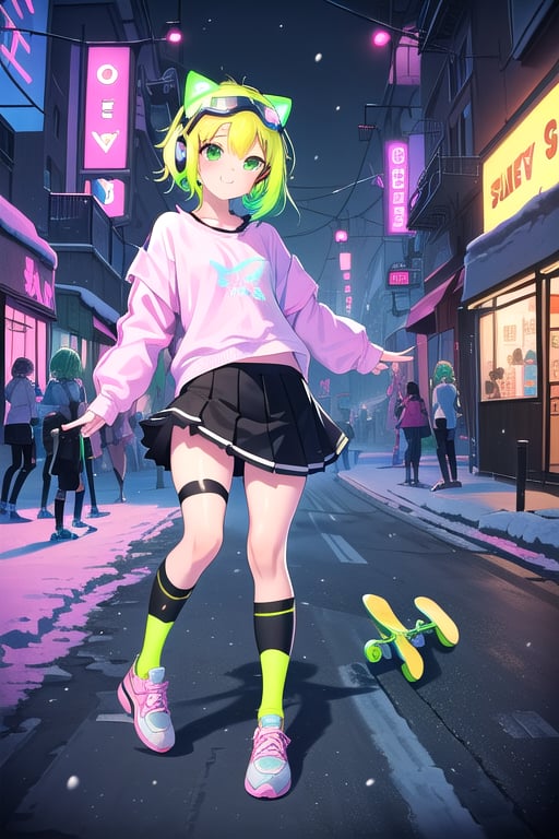 best quality,(1girl, solo),
(short hair,multicolored hair,(neon green hair),neon blonde hair),
(blue cat headphones),
(flat chest),
(white school skirt,pink shirt,transparent snow goggles,black socks, black short tights,skateboarding),
(happy),
(multicolored sneakers, pink sneakers),
((snow, street,montain,village))

