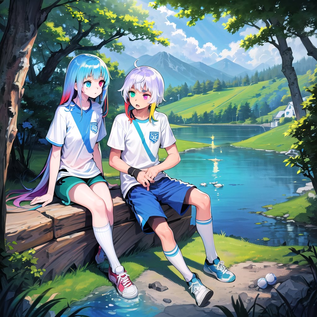 best quality,(1girl,1boy,fullbody), (multicolored hair,red hair,blue hair,purple hair in the middle), 
(heterochromia, green eyes, blue eyes),(sports shorts,long white socks,sneakers), 
(in a landscape,forest,
house overlooking the lake) (soccer ball)
,no_humans,scenery