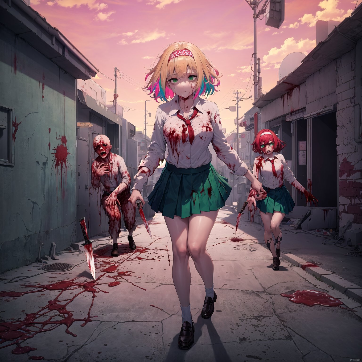 1girl,solo, desolated,highquality,fullbody,closed mouth,
(multicolored hair, light blonde hair, light red hair),green eyes,(taking a knife, blood knife)ruins,
scared,looking behind(green skirt,brown shoes, pink headband,torn clothes, (school shirt)),crying,



(in the street,colored sky),


corpses in the floor,zombies behind the girl

(zombies running,zombie grabbing a girl,human meat in the floor)
