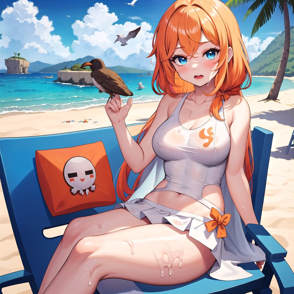 upper body, filo, embarrassed, close mouth,solo, 1girl,alone,
(white swimsuit,skirt,tits, blue bow, light cloak), 
(long hair, blue eyes, looking at viewer, parted bangs, filo,light orange hair, filo, sit),( birds),water melon, cooking,
(beach,water shot, water,wet, campfire, beach chair),
cupa_minecraft,cls_chibi