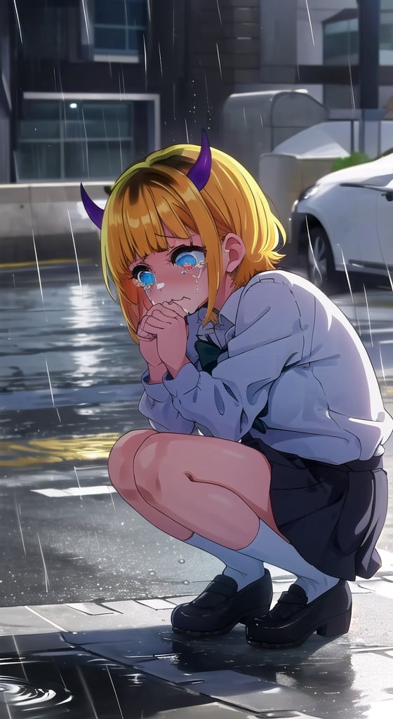 (masterpiece, best quality),
(1girl,solo,fullbody), (embarrased,sad, crying), 
(school uniform), (blue eyes),
(hearts,cute),(idol pose)
(in the street,night,rain), (colorful) 

:,memcho,tiny horns,Neco Arc, :3, CHIBI, C