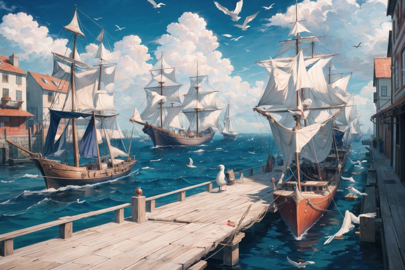 ((masterpiece, best quality, extremely detailed, )), anime,medieval coastal town, pier, sailing ships, caravels, sea coast, seagulls  {best quality}, {{hi res}}, ,FFIXBG